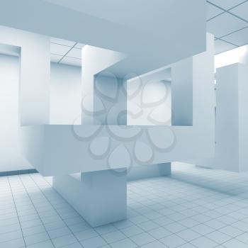Abstract blue office room interior with chaotic geometric installation, 3d illustration