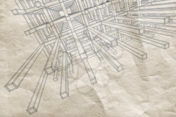 Ink blueprint with perspective view of an abstract 3d braced construction on old paper