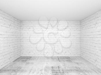 Empty white 3d room interior background with brick walls and concrete floor