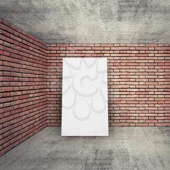 Empty white room interior with white banner, brick walls and concrete floor. Square 3d background