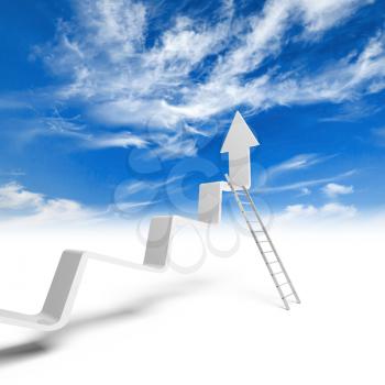 Broken trend line with arrow on end and metal ladder stands leaning, 3d illustration with cloudy sky photo background