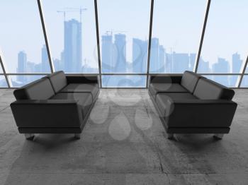 Abstract interior, office room with concrete floor, window and two black leather sofas, 3d illustration with big cityscape skyline on a background