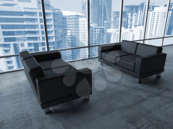 Abstract interior, office room with concrete floor, big window and two black leather sofas, blue toned 3d illustration with cityscape on a background
