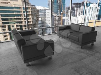 Abstract interior, office room with concrete floor, big window and two black leather sofas, 3d illustration with cityscape on a background
