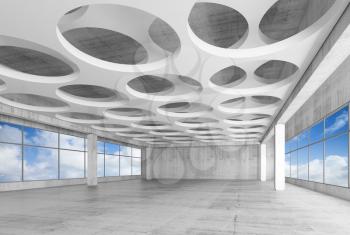 Empty white concrete interior background with round holes pattern on ceiling and blue cloudy sky outside, 3d illustration