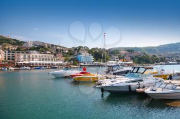 Yachts and pleasure boats are moored in marina of Balchik