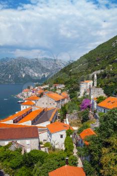 Adriatic sea, Montenegro, Bay of Kotor. Landscape of coastal town Perast