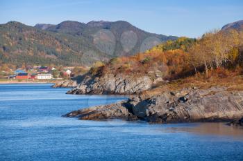 Coastal Norwegian landscape. Hasselvika village in the municipality of Rissa in Sor-Trondelag county, Norway