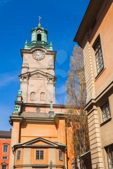 Storkyrkan, close-up of its tower, this is the oldest church in Gamla stan, the old town in central Stockholm, Sweden