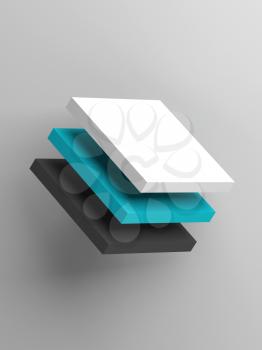 Three boxes. Abstract object over gray background, vertical 3d render illustration