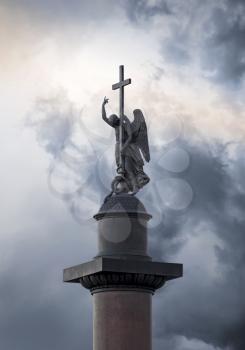 Сity's main attractions. Angel sculpture on the top of Alexander column on Palace square, St.Petersburg, Russia.