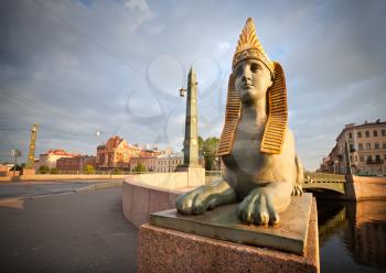Sphinx chimera on Egyptian Bridge over Fontanka River in Saint-Petersburg, Russia