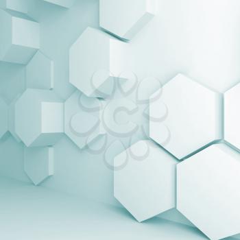 Abstract digital interior background with extruded hexagons pattern on wall, 3d illustration