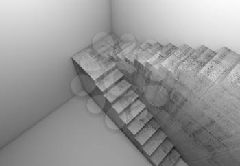 Top view of concrete stairway in white empty room, abstract architectural background, 3d render illustration