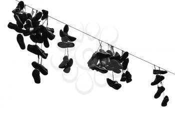 Sporty shoes hanging on electric wire, black and white photo isolated on white background