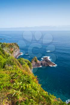 Vertical coastal summer landscape of Madeira island, Bridal Veil Falls viewpoint, Portugal