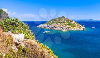 Vardiola St. Nicholas. Small island with ruins in the bay of Agios Nikolaos, on the north of Zakynthos, Greece