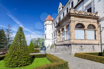 Konopiste castle park in summer day, It was established in the 1280s and renovated between 1889 and 1894 by the architect Josef Mocker into a residence for Archduke Franz Ferdinand of Austria