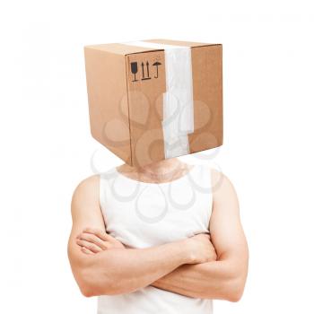 Shipping concept. Young sporty Caucasian man with delivery box sign over face in white shirt with crossing hands isolated on white
