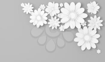 White paper flowers decoration over gray background, bridal greeting card, ornamental composition. Digital 3d illustration