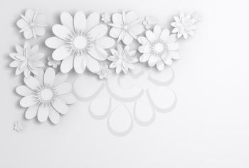 White paper flowers decoration, bridal greeting card, ornamental background. Digital 3d render illustration