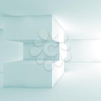 Abstract white empty interior with geometric installation object. Blue toned square 3d render