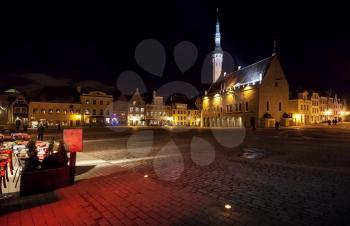 Illuminated town hall in old Tallinn at night
