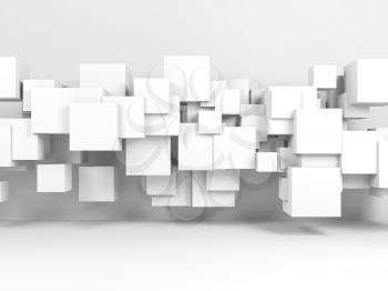Abstract white background with installation of flying cubes in empty room interior. 3d render illustration