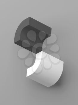 Two round corners. Abstract black and white objects over gray background, 3d render illustration