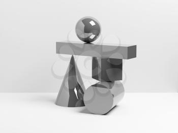 Abstract equilibrium concept, installation of metallic primitive geometric shapes. 3d render illustration