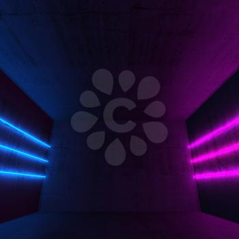 Abstract dark interior background with colorful neon lights mounted on walls of empty concrete room, square 3d render illustration