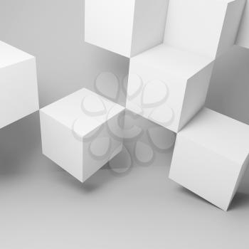 Abstract background with white cubes installation in empty room. 3d rendering illustration