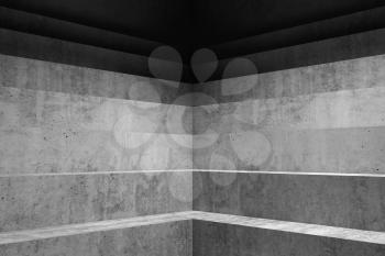 Abstract empty dark concrete interior background with a corner of staircase podium installation, 3d rendering illustration