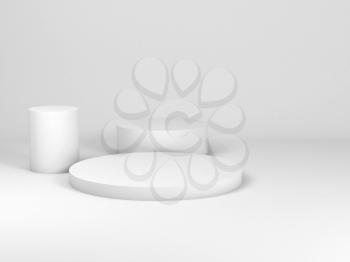 Minimal white still life installation with cylinders as a podium place for product representation. 3d rendering illustration