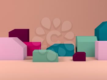 Minimal still life installation, colorful boxes with beveled edges as empty places for a product representation. 3d rendering illustration