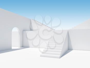 Abstract blank white interior with stairs and an empty arch under blue sky, 3d rendering illustration