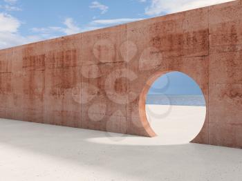 Abstract contemporary architectural background, an empty interior with round doorway in pink concrete wall under cloudy sky at daytime, 3d rendering illustration