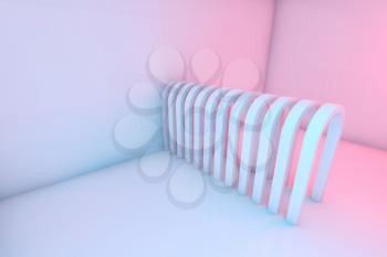 Arches in a row are in an empty room with colorful illumination, abstract digital background, 3d rendering illustration