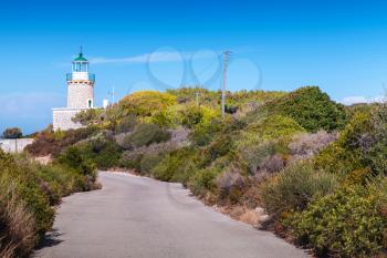Skinari Lighthouse tower. It was manufactured in 1897, located In Zante Island near Korithi above Cape Skinari