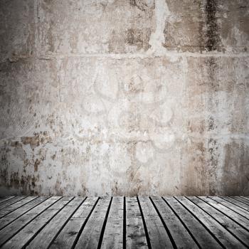 Empty grungy interior background, old concrete wall and gray wooden floor