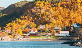 Coastal landscape of Hasselvika village at autumn day, Norway