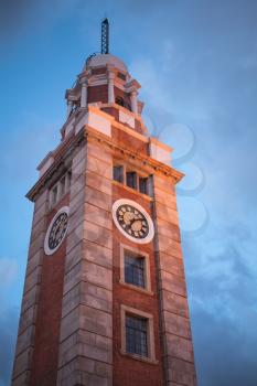 Clock Tower of Hong Kong in evening. This landmark is located on the southern shore of Tsim Sha Tsui, Kowloon
