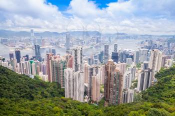 Hong Kong city, aerial view taken from Victoria Peak viewpoint in sunny summer day