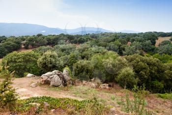 Summer landscape with stones formation of Filitosa, megalithic site in southern Corsica, France