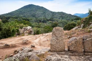 Back of Menhir statues in Filitosa, megalithic site in southern Corsica, France