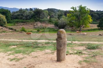 Prehistoric stone monument Menhir of Filitosa. It is a megalithic site in southern Corsica, France