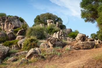 Summer landscape with rocks of Filitosa, megalithic site in southern Corsica, France
