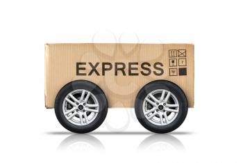 Cardboard box with standard signs and automotive wheels isolated on white background, fast delivery express metaphor 