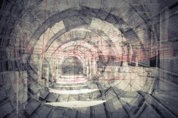 Abstract architecture background. Empty old stone tunnel with modern constructions and wire-frame lattice lines. 3d render illustration with layers of multi exposure effect