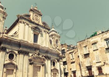 Facade of the Church of the Gerolamini, Naples, Italy. Vintage stylized photo with tonal correction photo filter effect, retro style